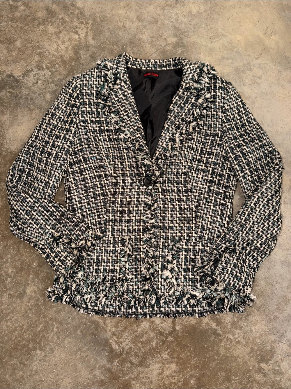 Love L.I.D. Teal Black Ivory Tweed Fringe Blazer Jacket M Homecoming Career Fit